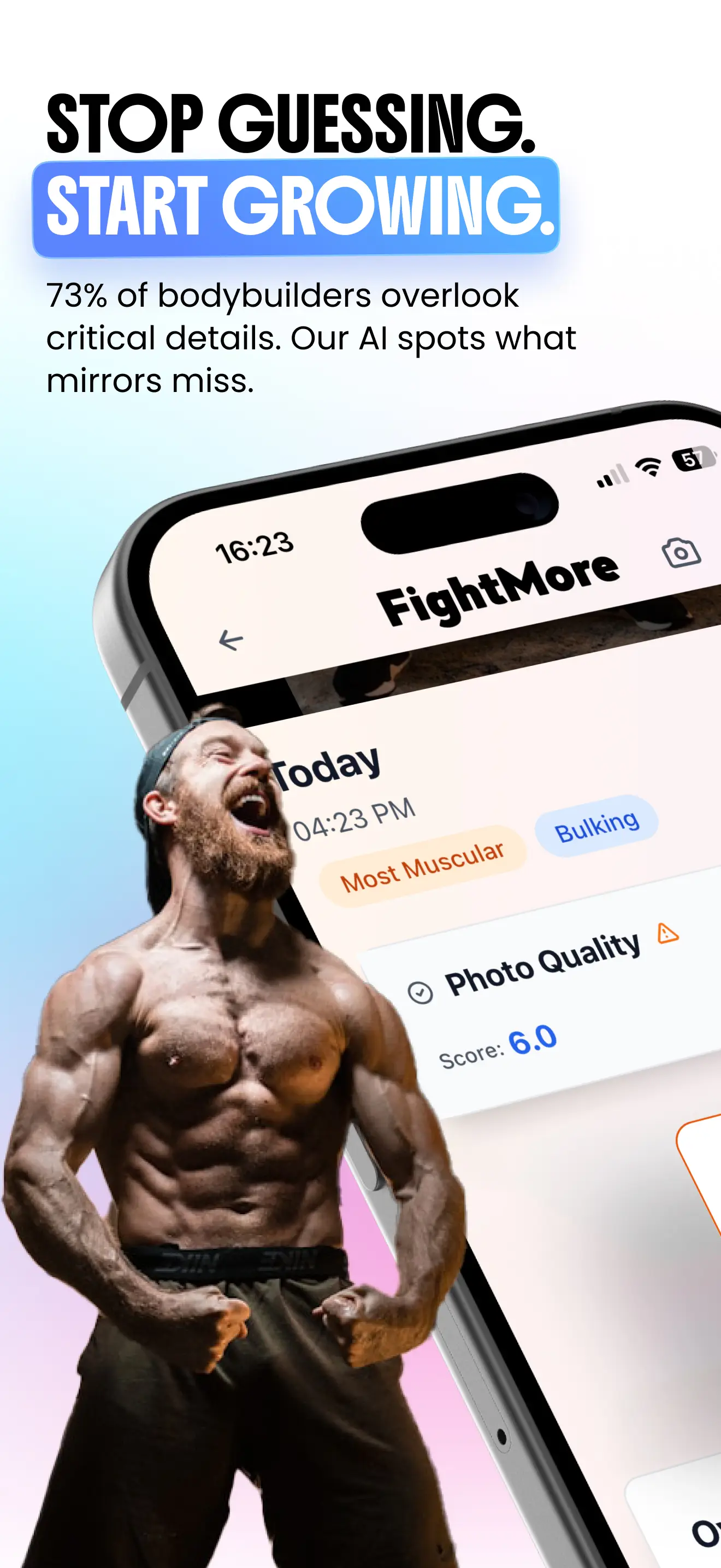 PumpGuide bodybuilding ios app showing AI pose analysis and progress tracking dashboard