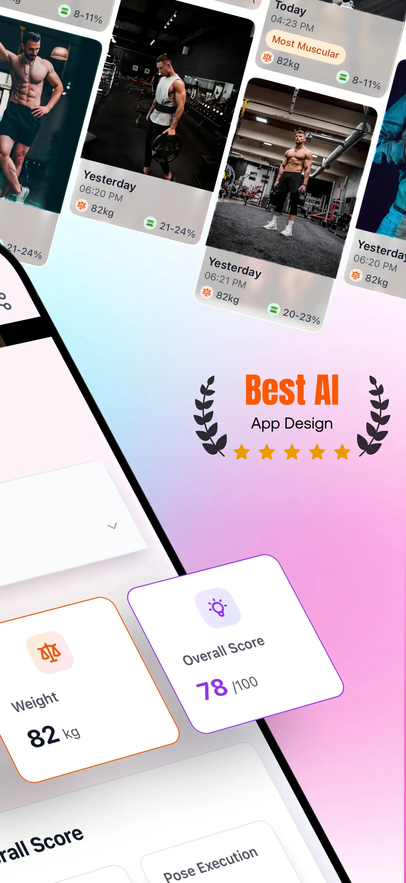 PumpGuide bodybuilding ios app showing AI pose analysis and progress tracking dashboard