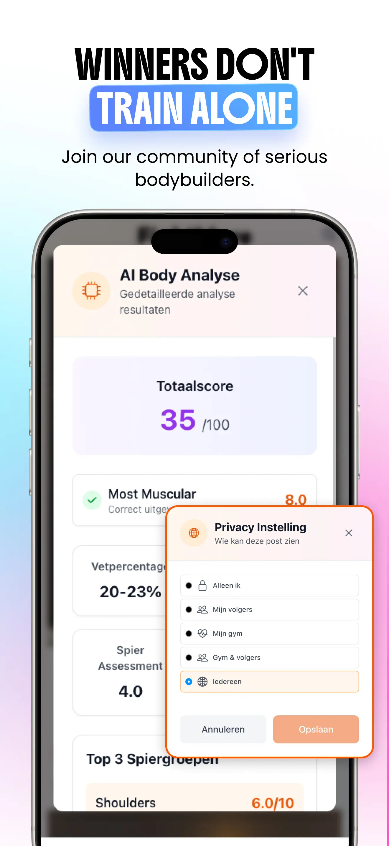 PumpGuide bodybuilding ios app showing AI pose analysis and progress tracking dashboard
