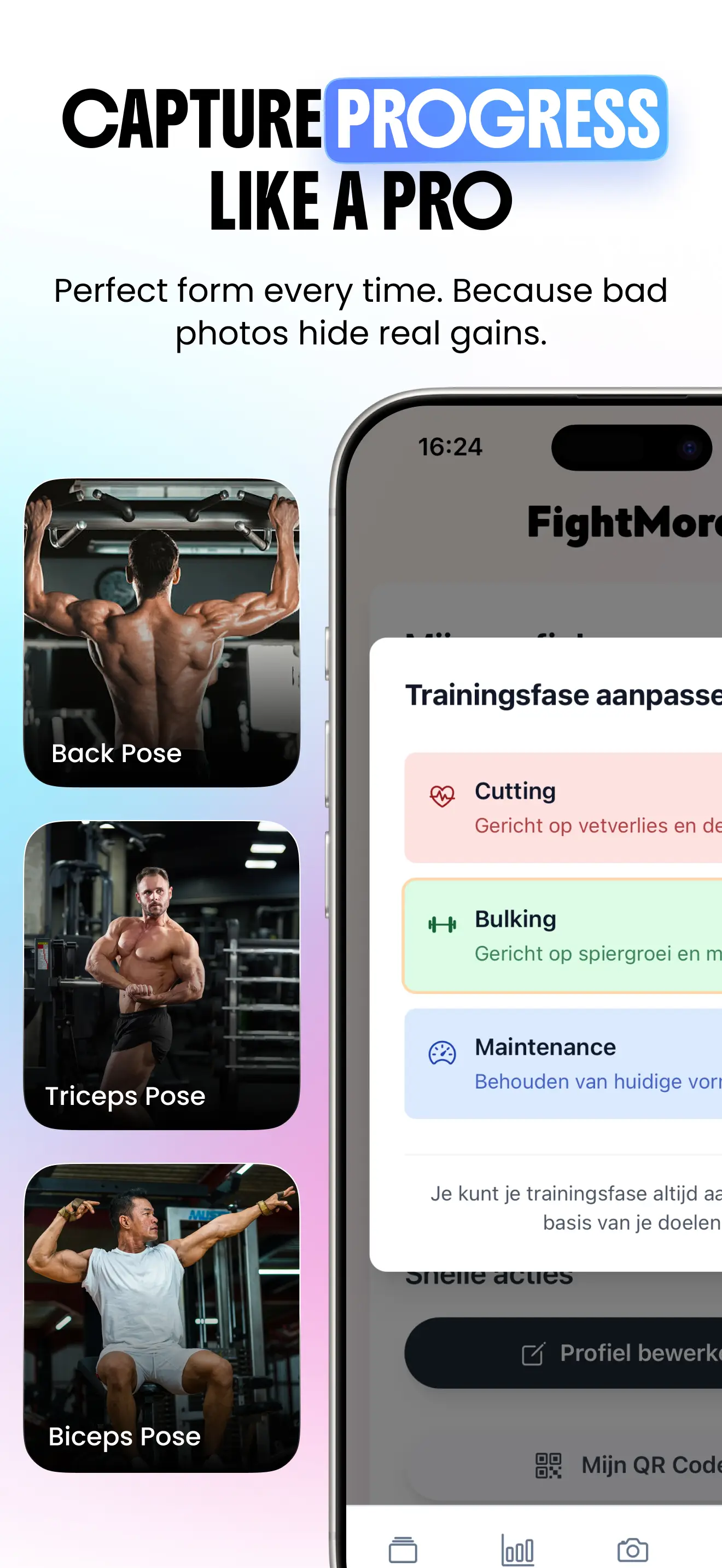 PumpGuide bodybuilding ios app showing AI pose analysis and progress tracking dashboard
